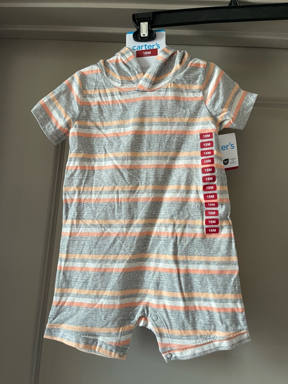 NWT Carter's Striped Hooded Baby Romper in Gray and Peach